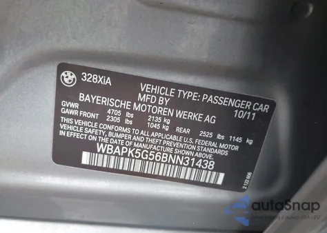 2011 BMW 328I xDrive из США, поврежденный, VIN WBAPK5G56BNN31438